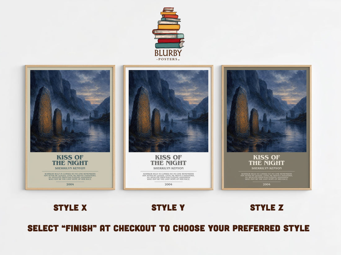 Kiss of the Night bookish print in frame leaning in hallway – romance wall art (mockup)