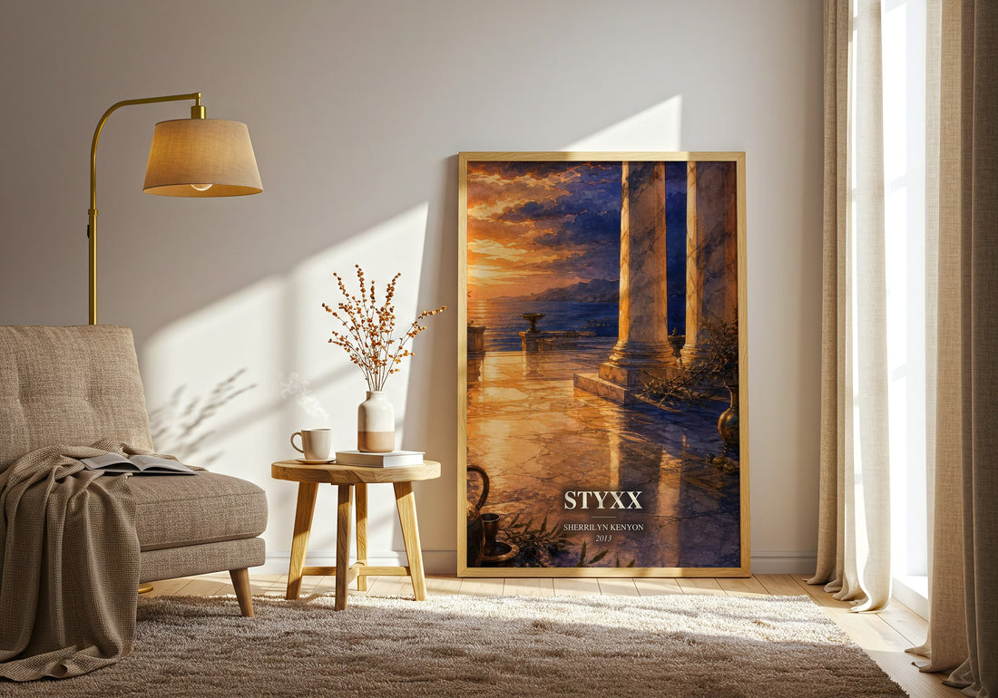 Styxx watercolour print in frame leaning in hallway – fantasy wall art (mockup)