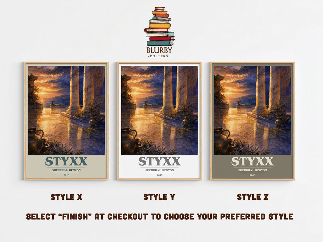 Styxx book cover print in frame leaning in hallway – fantasy wall art (mockup)