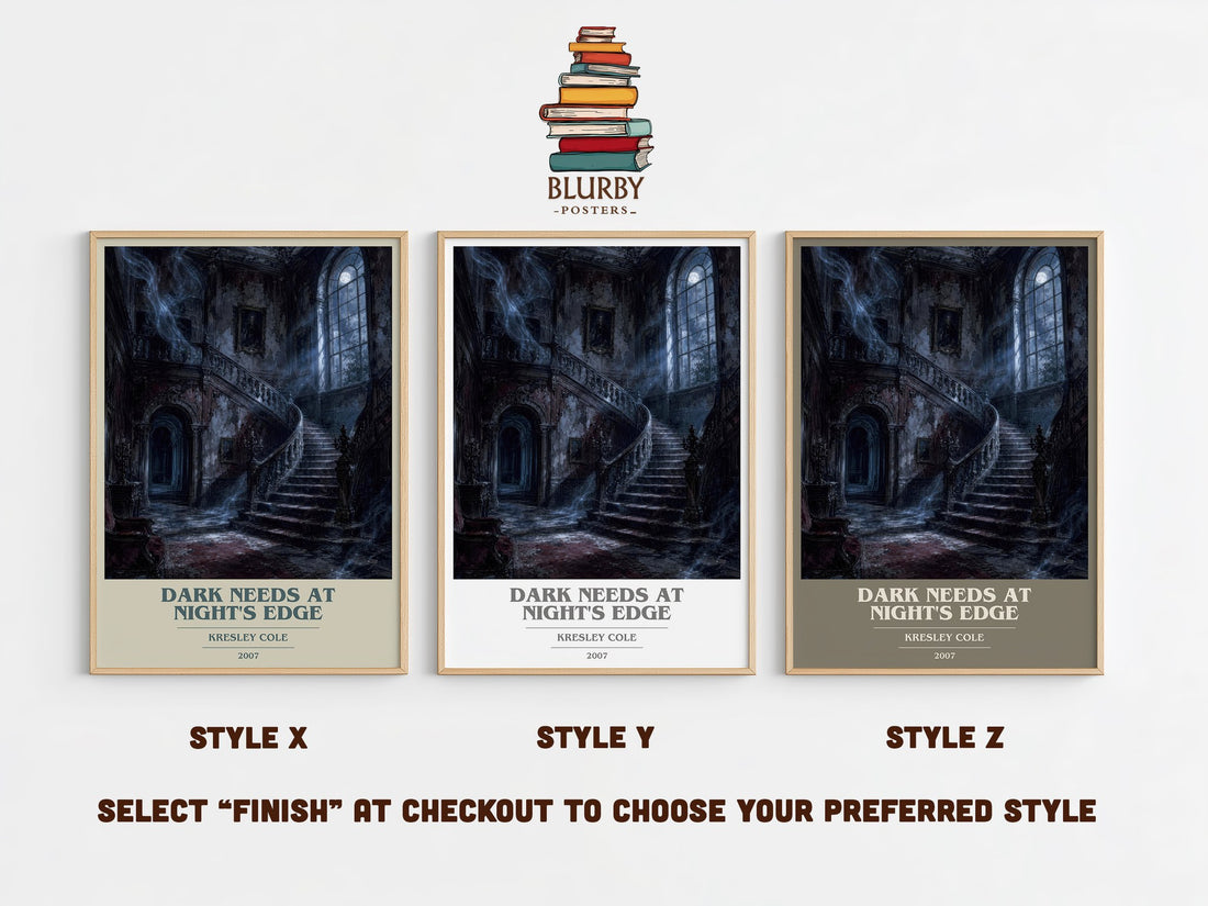 Dark Needs at Night's Edge book cover print in frame leaning in hallway – romance wall art (mockup)