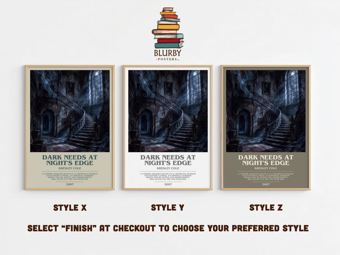 Dark Needs at Night's Edge bookish print in frame leaning in hallway – romance wall art (mockup)