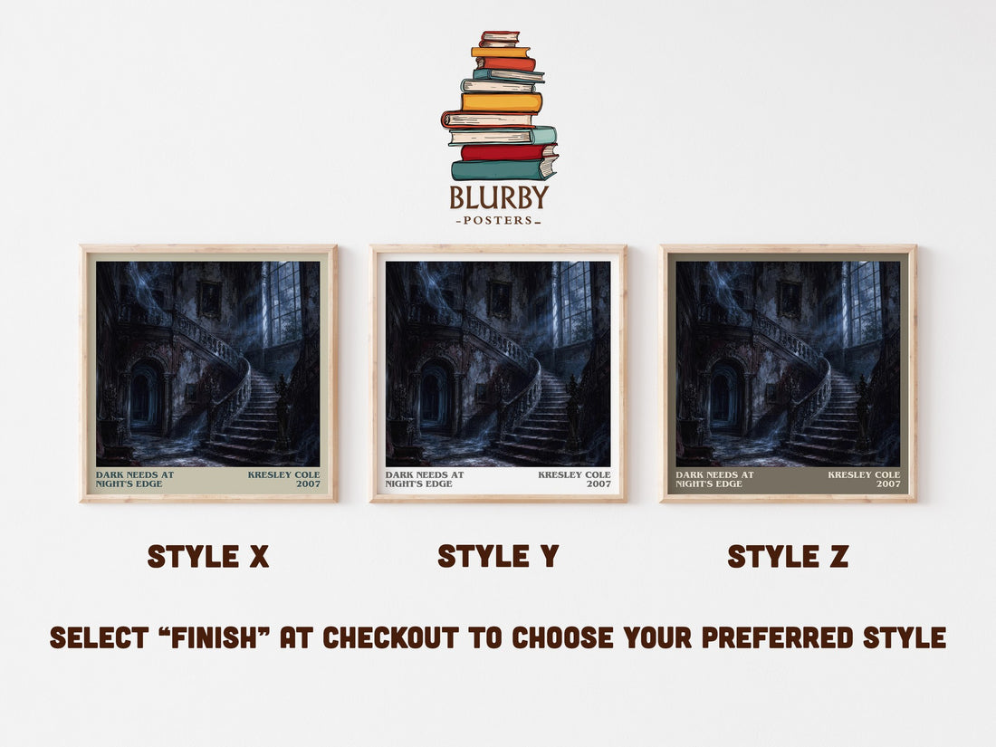 Dark Needs at Night's Edge literary print in frame leaning in hallway – romance wall art (mockup)