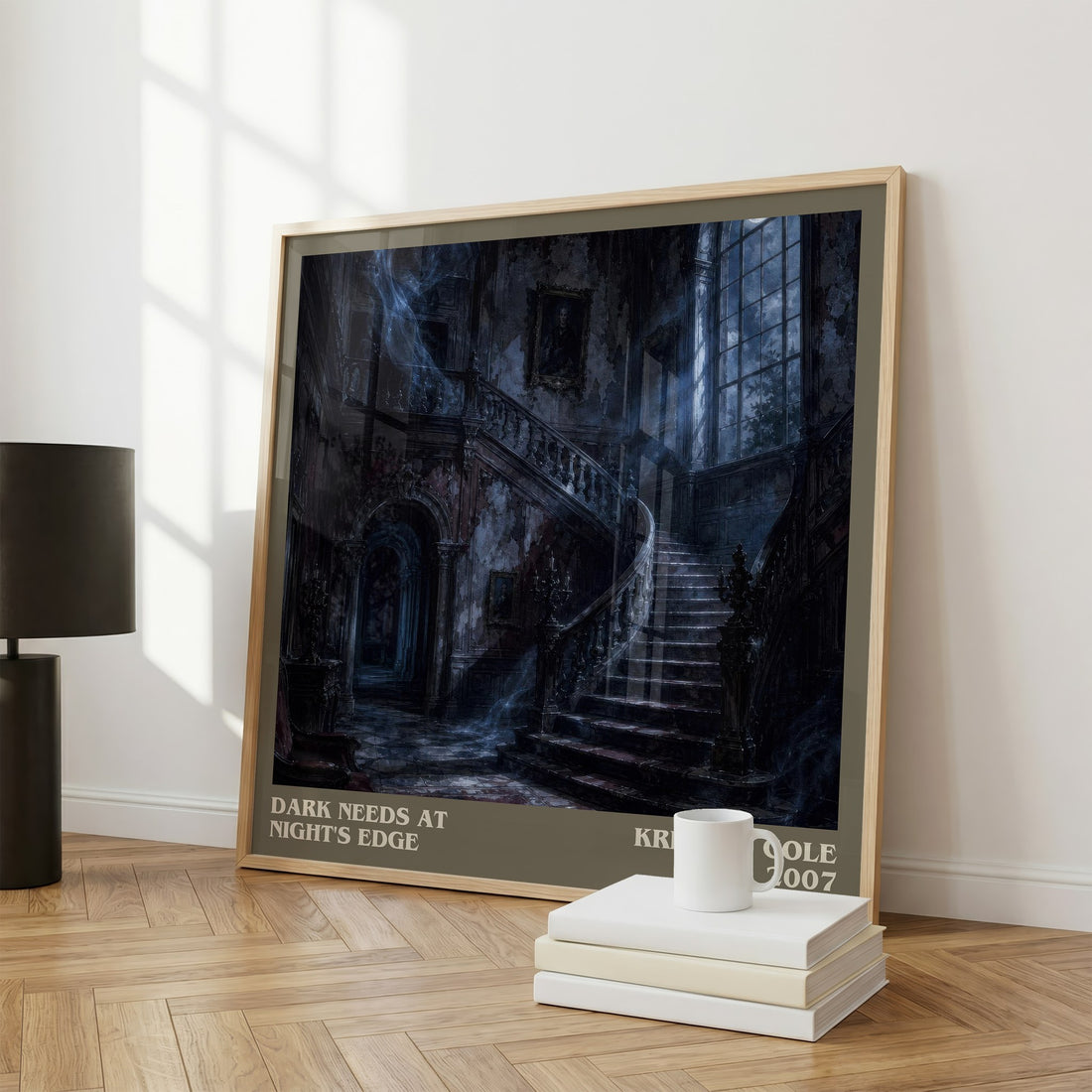 Dark Needs at Night's Edge literary print framed by window – literary home decor