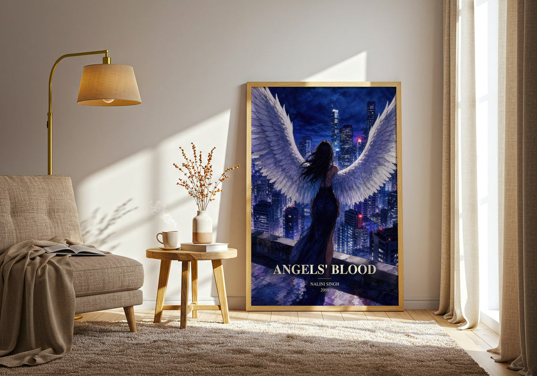 Angels' Blood watercolour print in frame leaning in hallway – fantasy wall art (mockup)