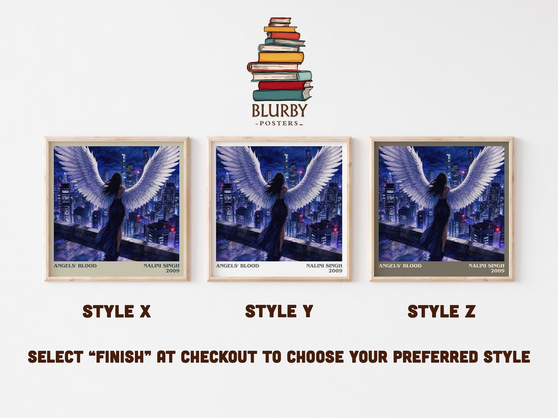 Angels' Blood literary print in frame leaning in hallway – fantasy wall art (mockup)