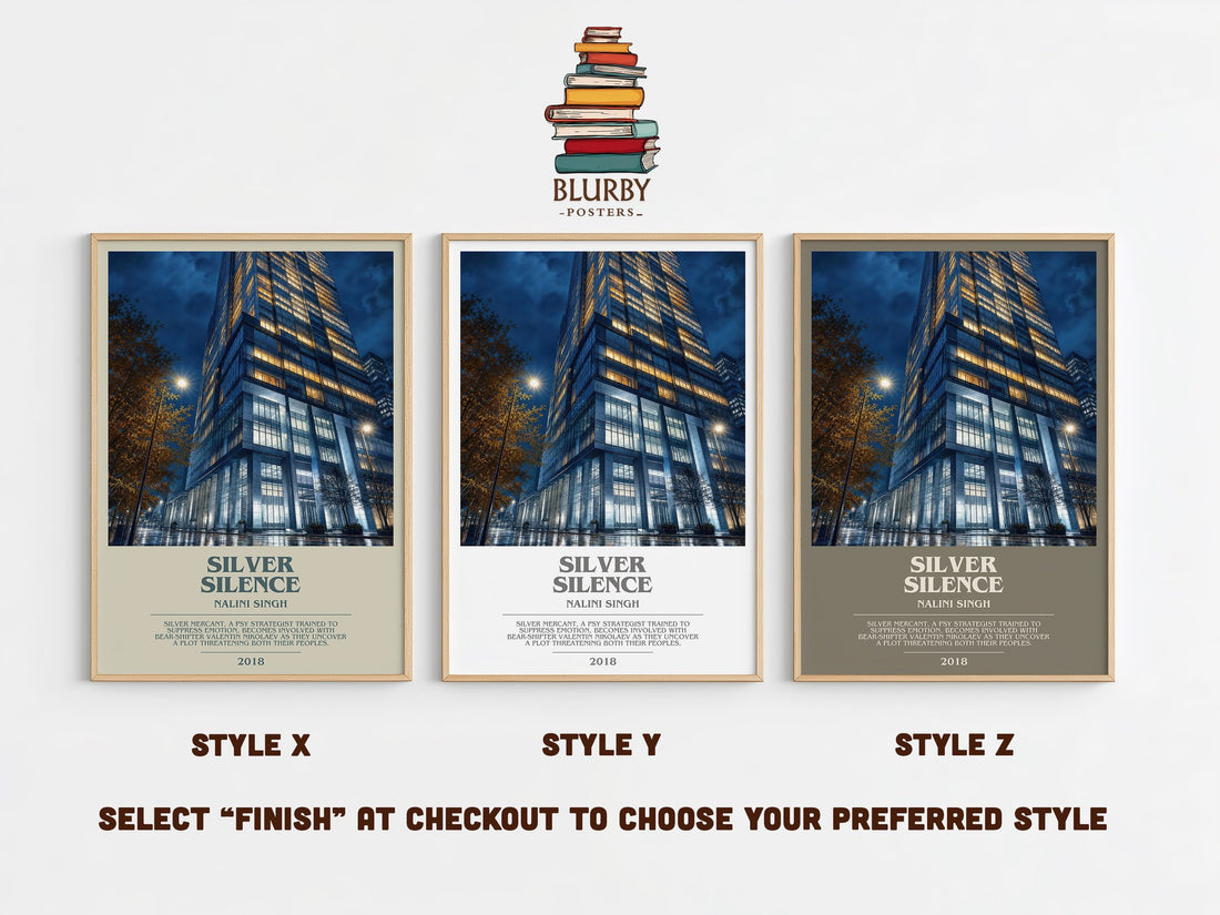 Silver Silence bookish print in frame leaning in hallway – romance wall art (mockup)