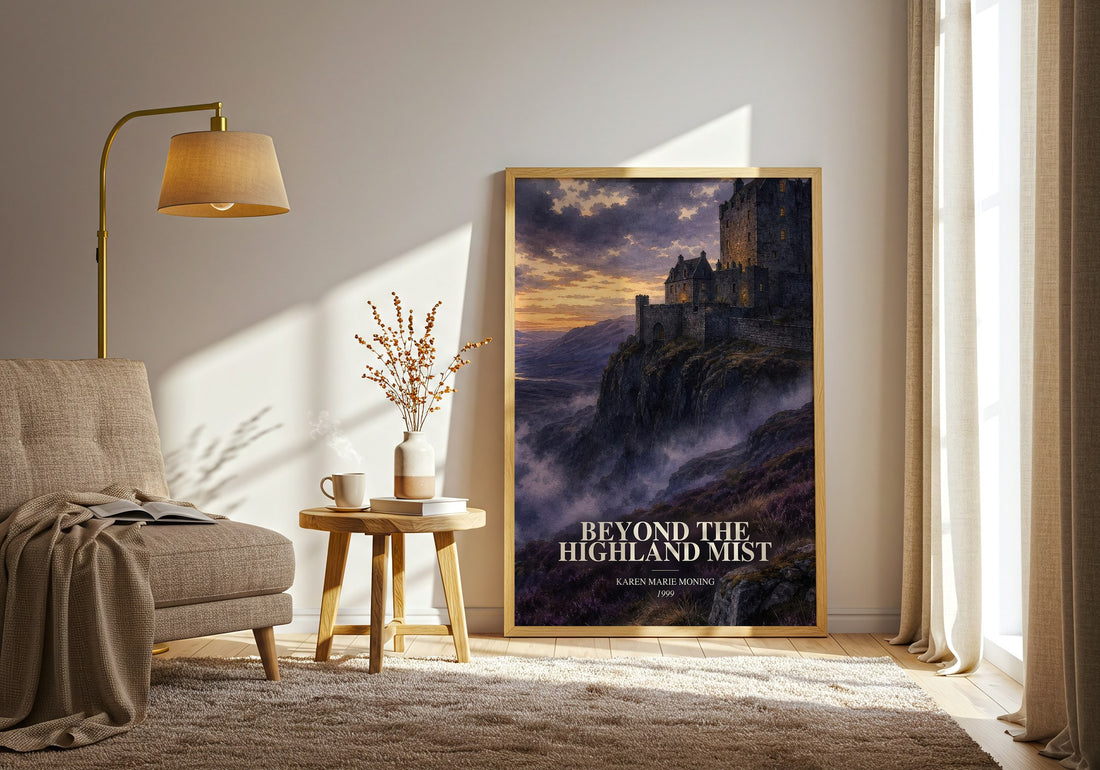 Beyond the Highland Mist watercolour print in frame leaning in hallway – romance wall art (mockup)
