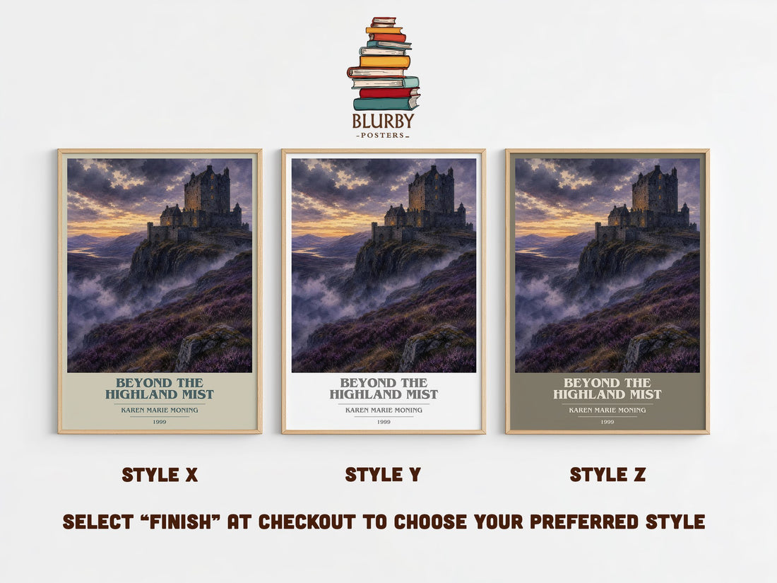 Beyond the Highland Mist book cover print in frame leaning in hallway – romance wall art (mockup)