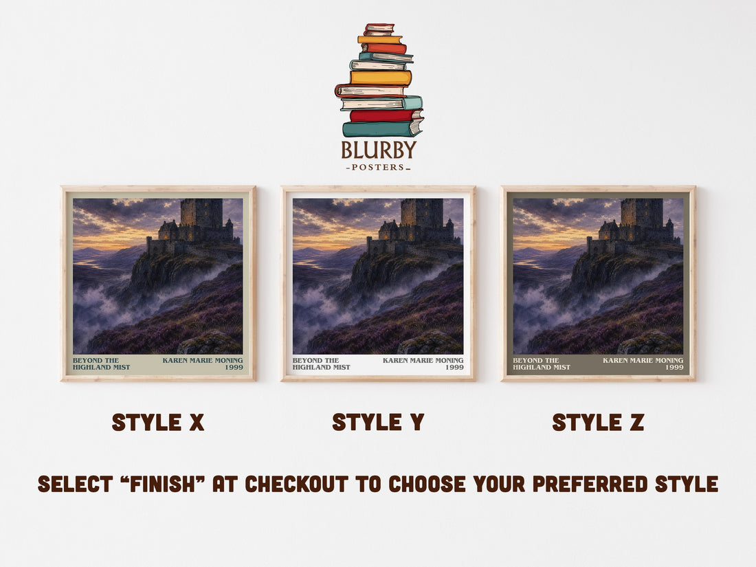 Beyond the Highland Mist literary print in frame leaning in hallway – romance wall art (mockup)