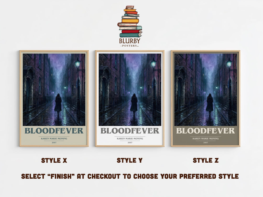 Bloodfever book cover print in frame leaning in hallway – fantasy wall art (mockup)