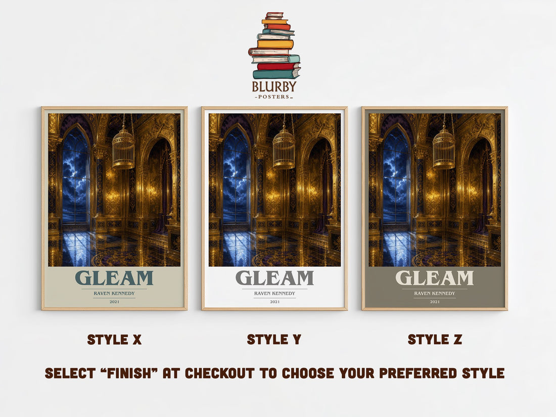 Gleam book cover print in frame leaning in hallway – fantasy wall art (mockup)