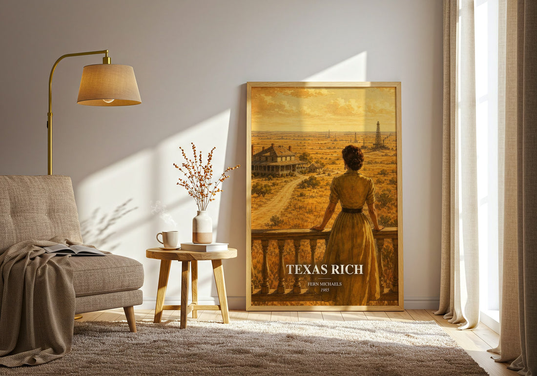 Texas Rich watercolour print in frame leaning in hallway – contemporary fiction wall art (mockup)
