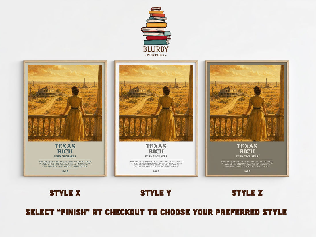 Texas Rich bookish print in frame leaning in hallway – contemporary fiction wall art (mockup)
