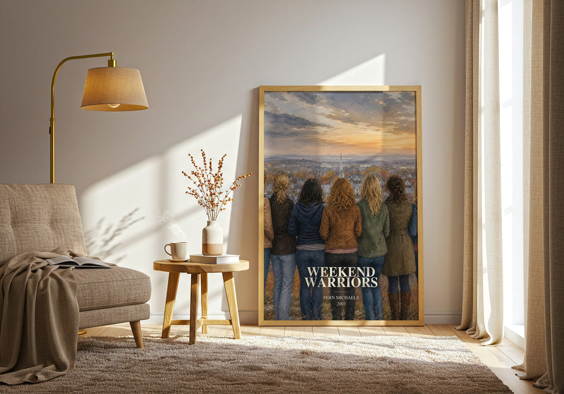 Weekend Warriors watercolour print in frame leaning in hallway – contemporary fiction wall art (mockup)