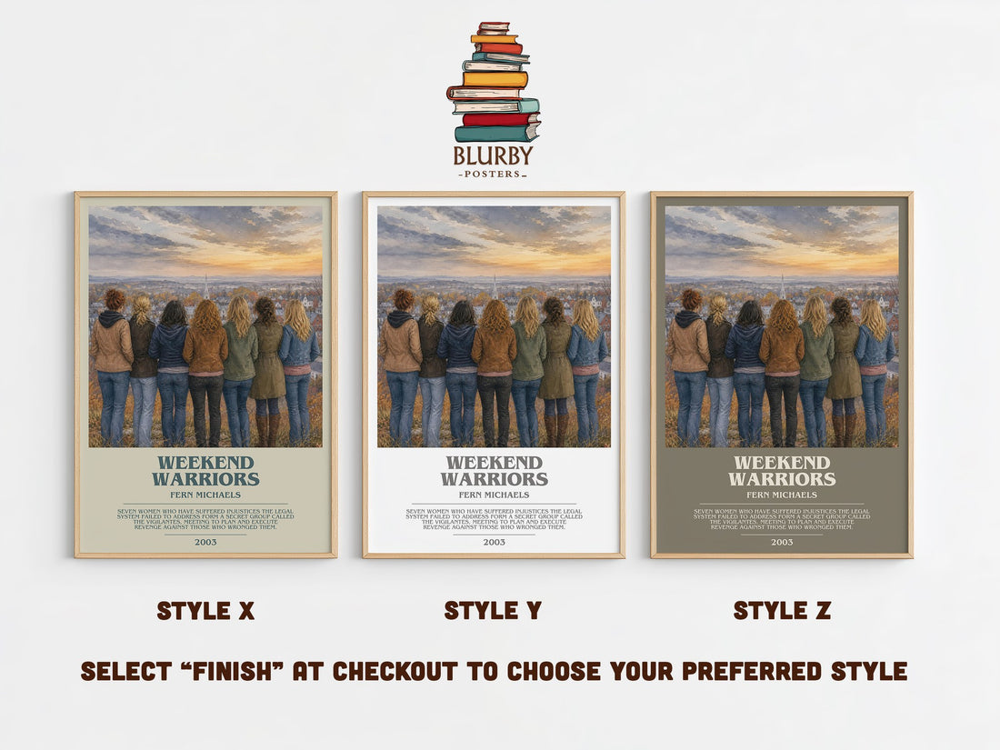 Weekend Warriors bookish print in frame leaning in hallway – contemporary fiction wall art (mockup)