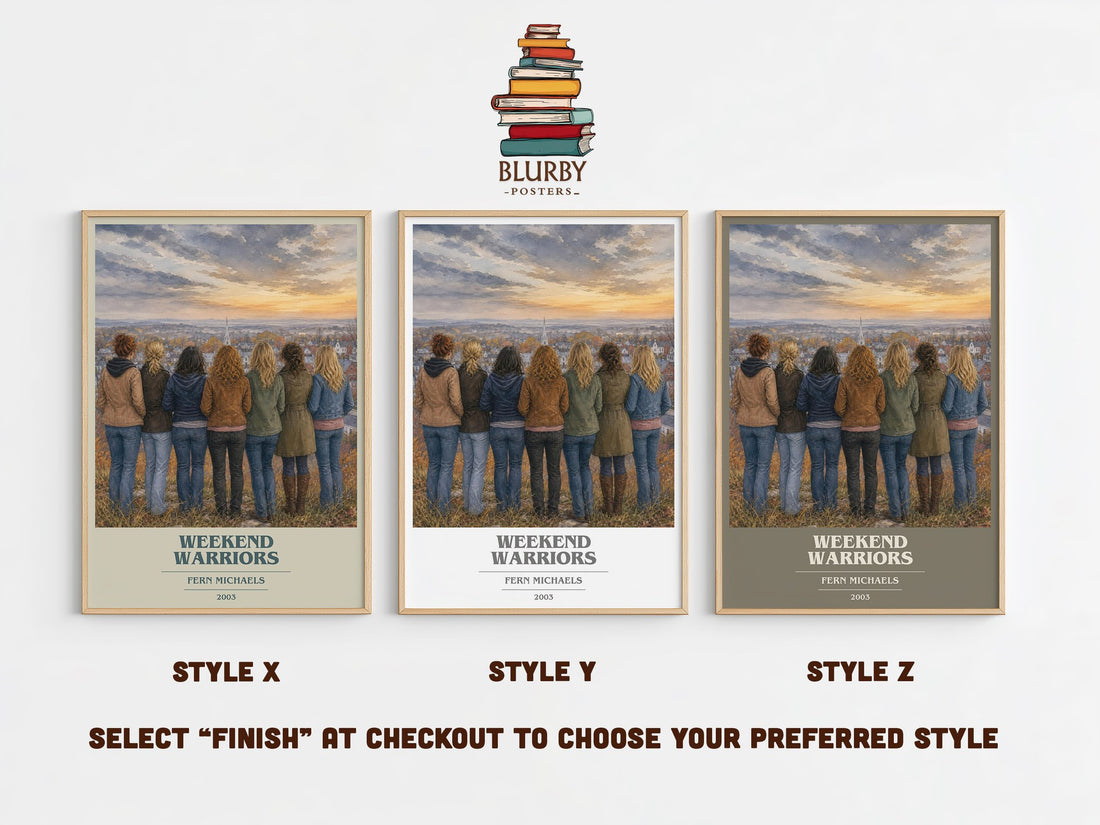 Weekend Warriors book cover print in frame leaning in hallway – contemporary fiction wall art (mockup)