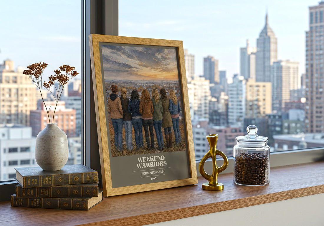 Weekend Warriors book cover print framed by window – literary home decor