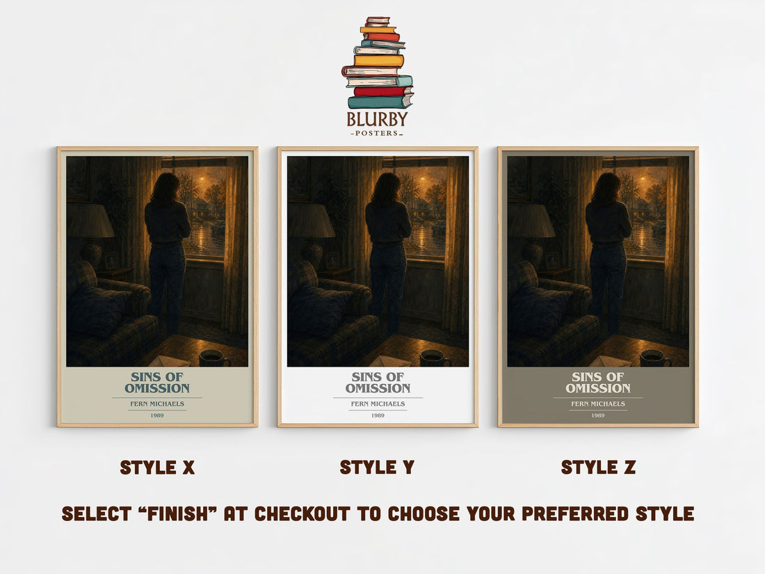 Sins of Omission book cover print in frame leaning in hallway – contemporary fiction wall art (mockup)