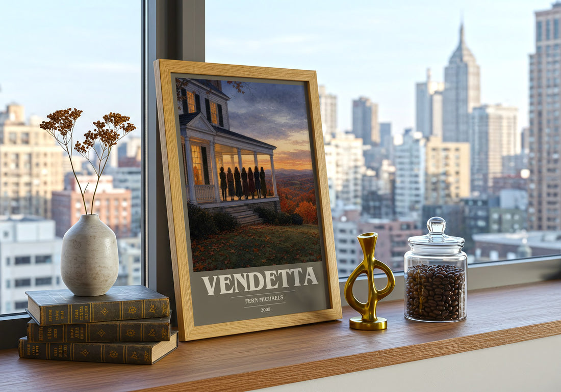 Vendetta book cover print framed by window – literary home decor