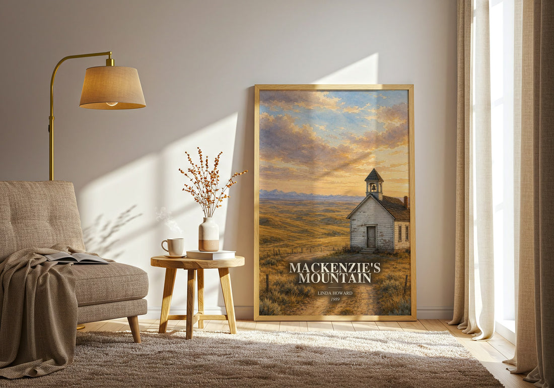 Mackenzie's Mountain watercolour print in frame leaning in hallway – romance wall art (mockup)