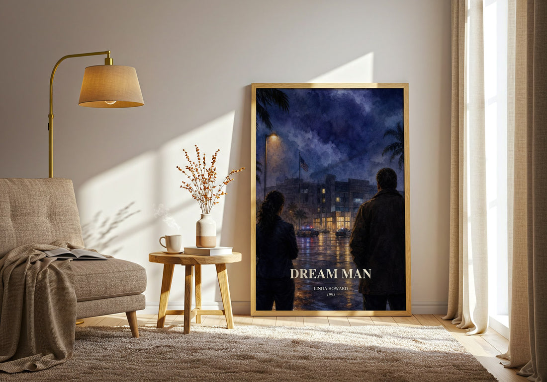 Dream Man watercolour print in frame leaning in hallway – thriller wall art (mockup)