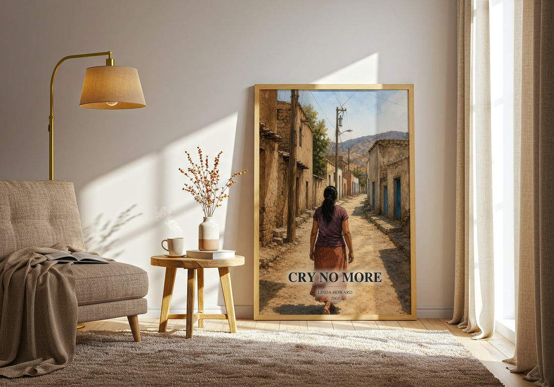Cry No More watercolour print in frame leaning in hallway – thriller wall art (mockup)
