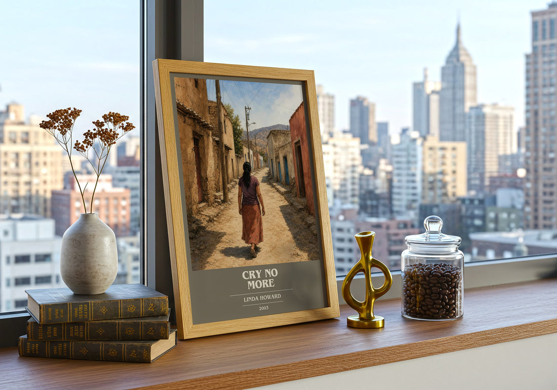 Cry No More book cover print framed by window – literary home decor