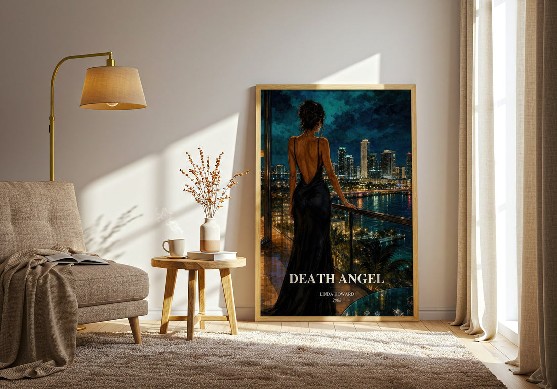 Death Angel watercolour print in frame leaning in hallway – thriller wall art (mockup)
