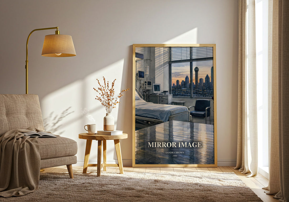 Mirror Image watercolour print in frame leaning in hallway – thriller wall art (mockup)