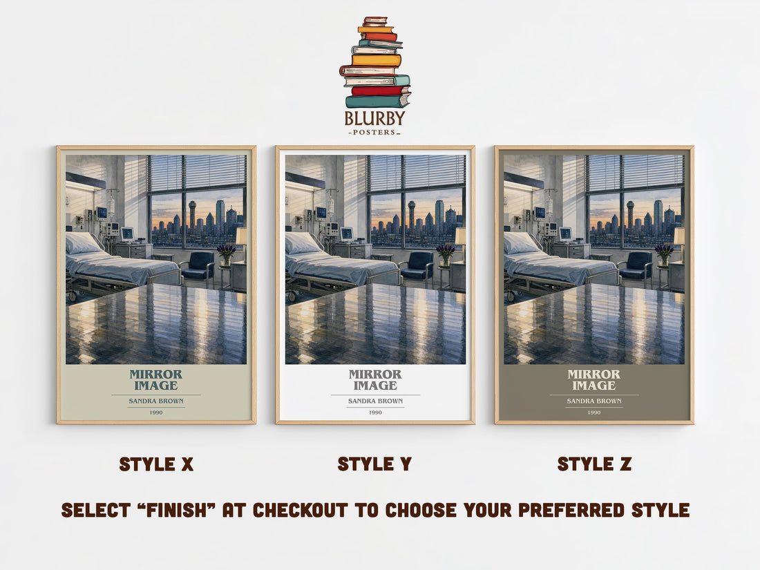 Mirror Image book cover print in frame leaning in hallway – thriller wall art (mockup)