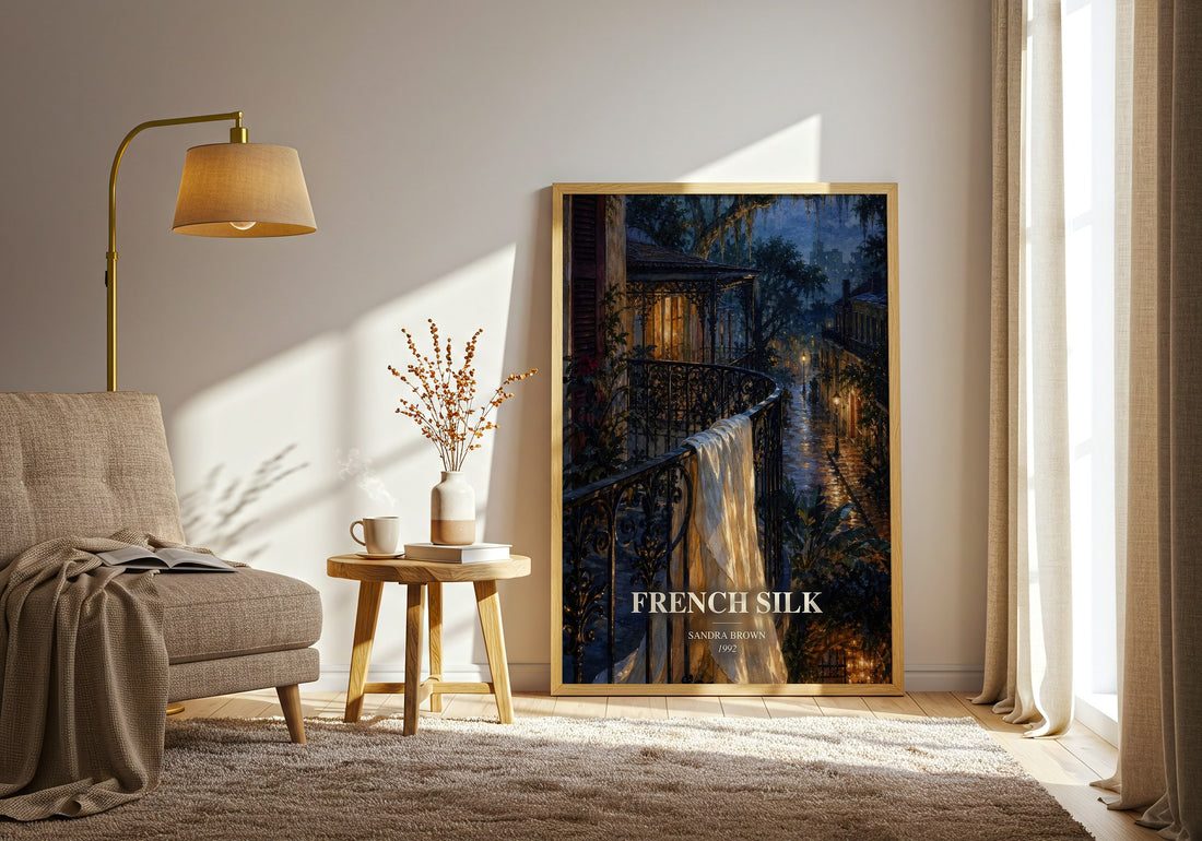 French Silk watercolour print in frame leaning in hallway – legal thriller wall art (mockup)