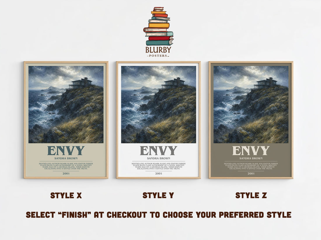 Envy bookish print in frame leaning in hallway – thriller wall art (mockup)