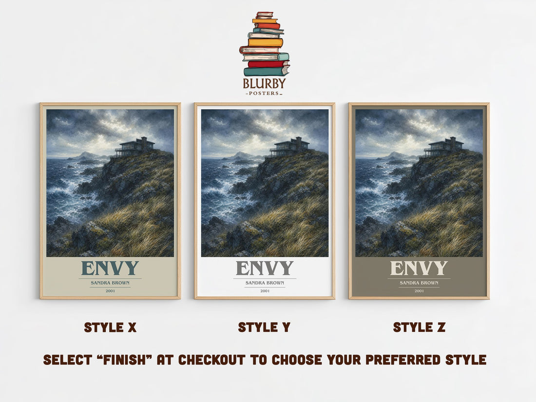 Envy book cover print in frame leaning in hallway – thriller wall art (mockup)