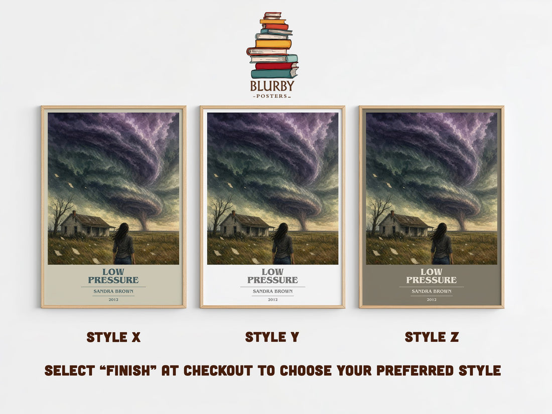Low Pressure book cover print in frame leaning in hallway – thriller wall art (mockup)