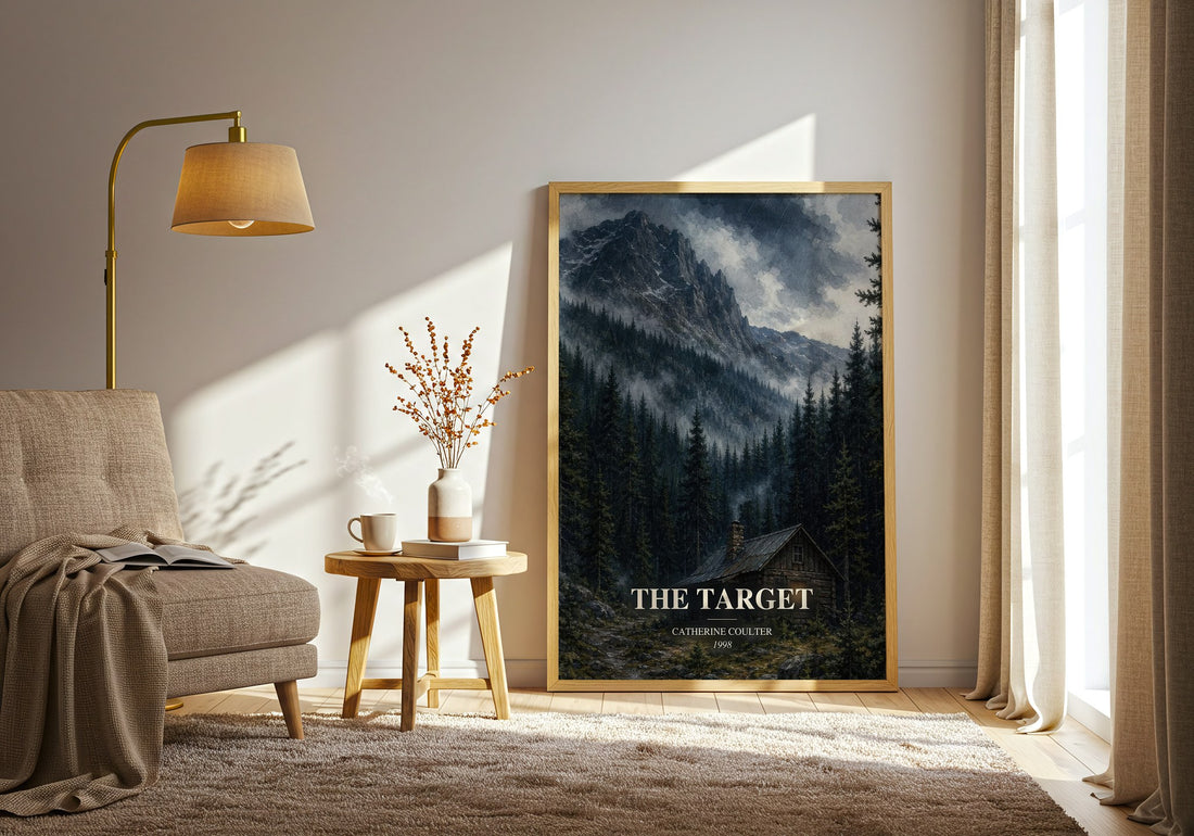 The Target watercolour print in frame leaning in hallway – thriller wall art (mockup)