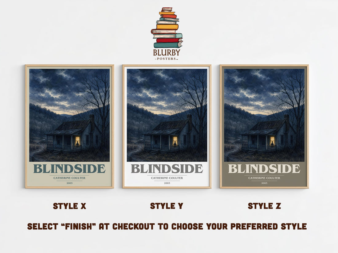 Blindside book cover print in frame leaning in hallway – thriller wall art (mockup)