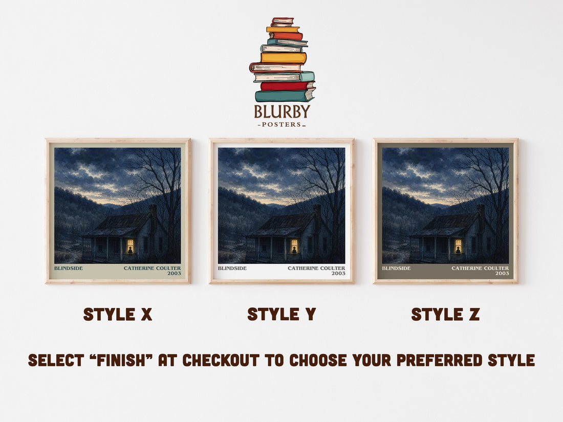 Blindside literary print in frame leaning in hallway – thriller wall art (mockup)
