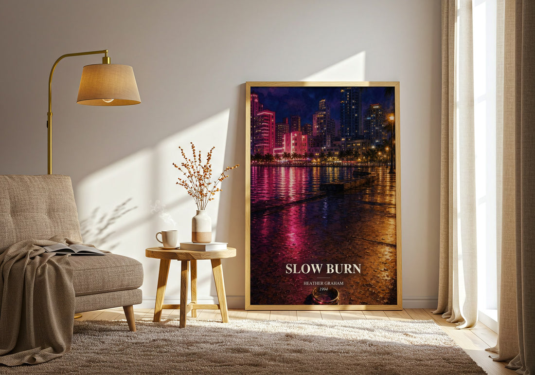Slow Burn watercolour print in frame leaning in hallway – romance wall art (mockup)
