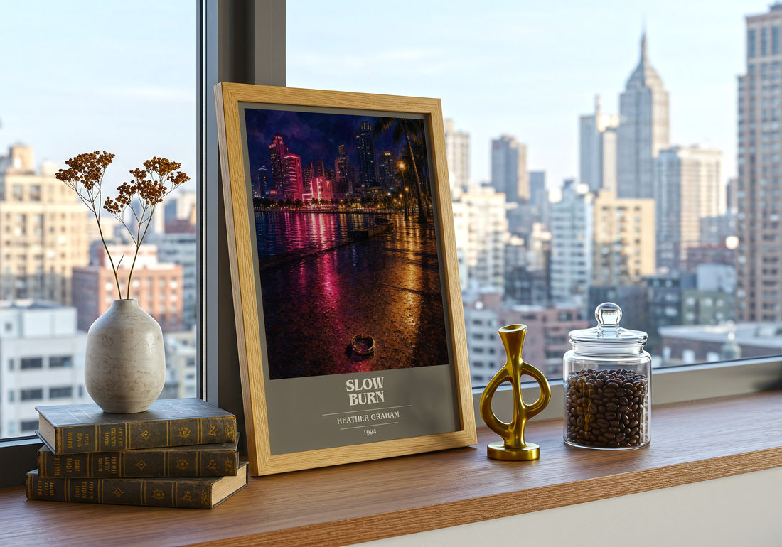 Slow Burn book cover print framed by window – literary home decor