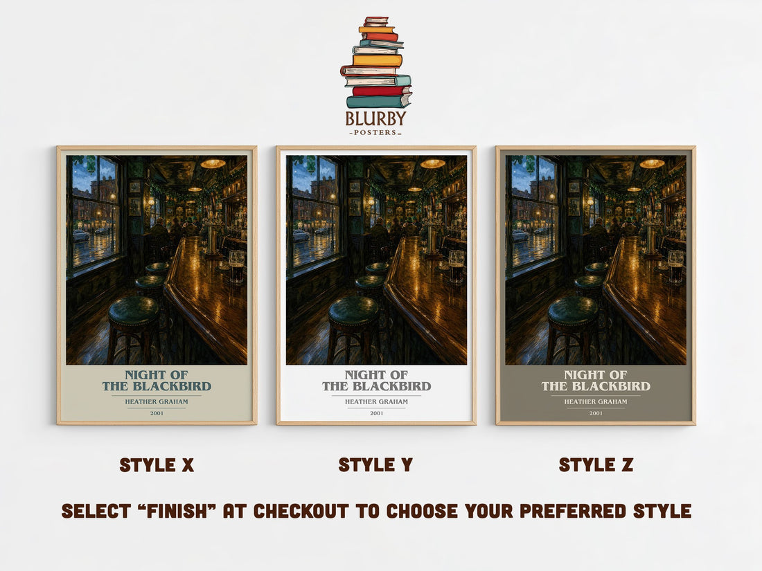 Night of the Blackbird book cover print in frame leaning in hallway – thriller wall art (mockup)
