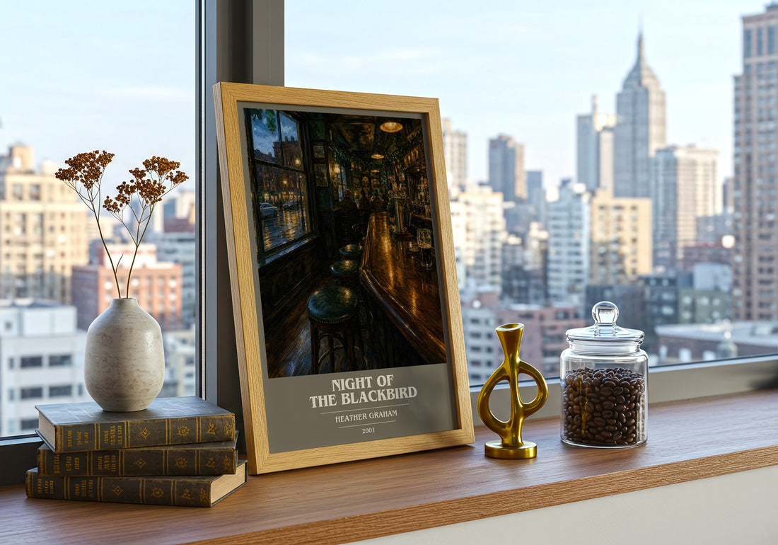 Night of the Blackbird book cover print framed by window – literary home decor