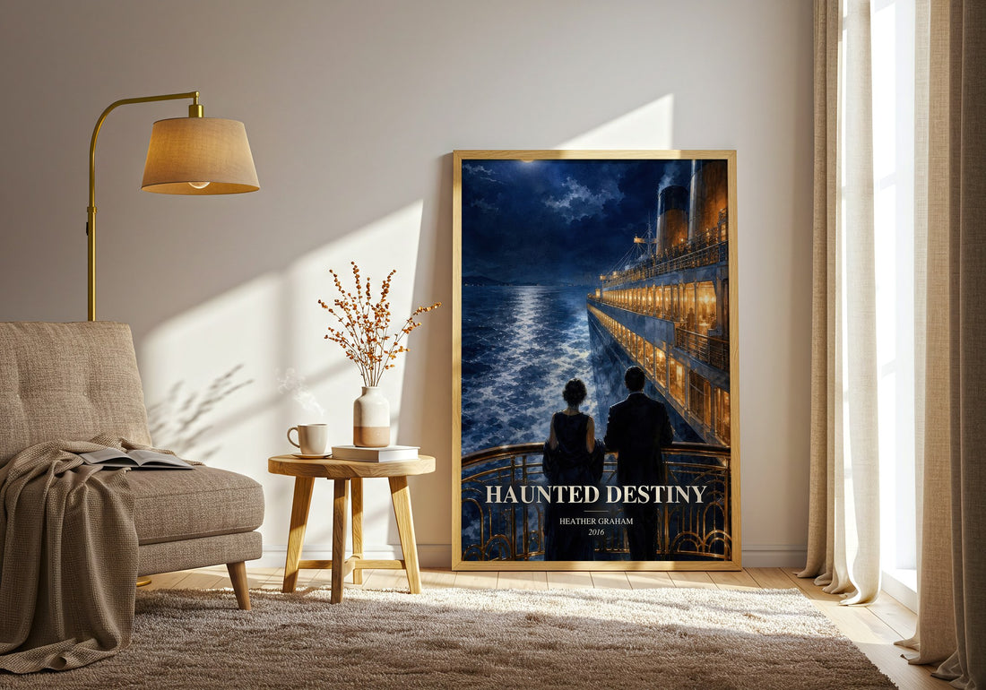 Haunted Destiny watercolour print in frame leaning in hallway – thriller wall art (mockup)