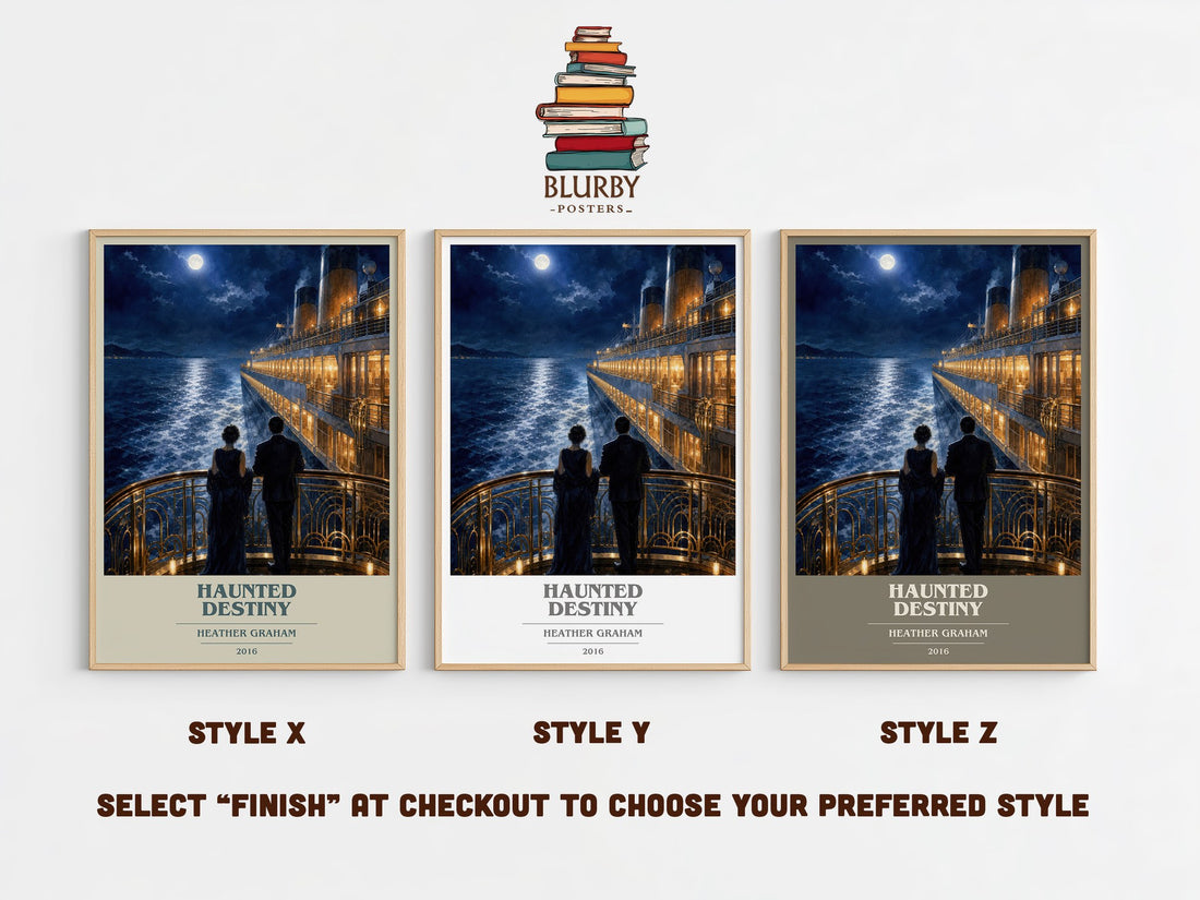 Haunted Destiny book cover print in frame leaning in hallway – thriller wall art (mockup)