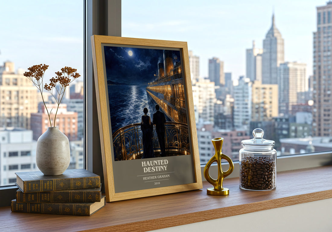 Haunted Destiny book cover print framed by window – literary home decor