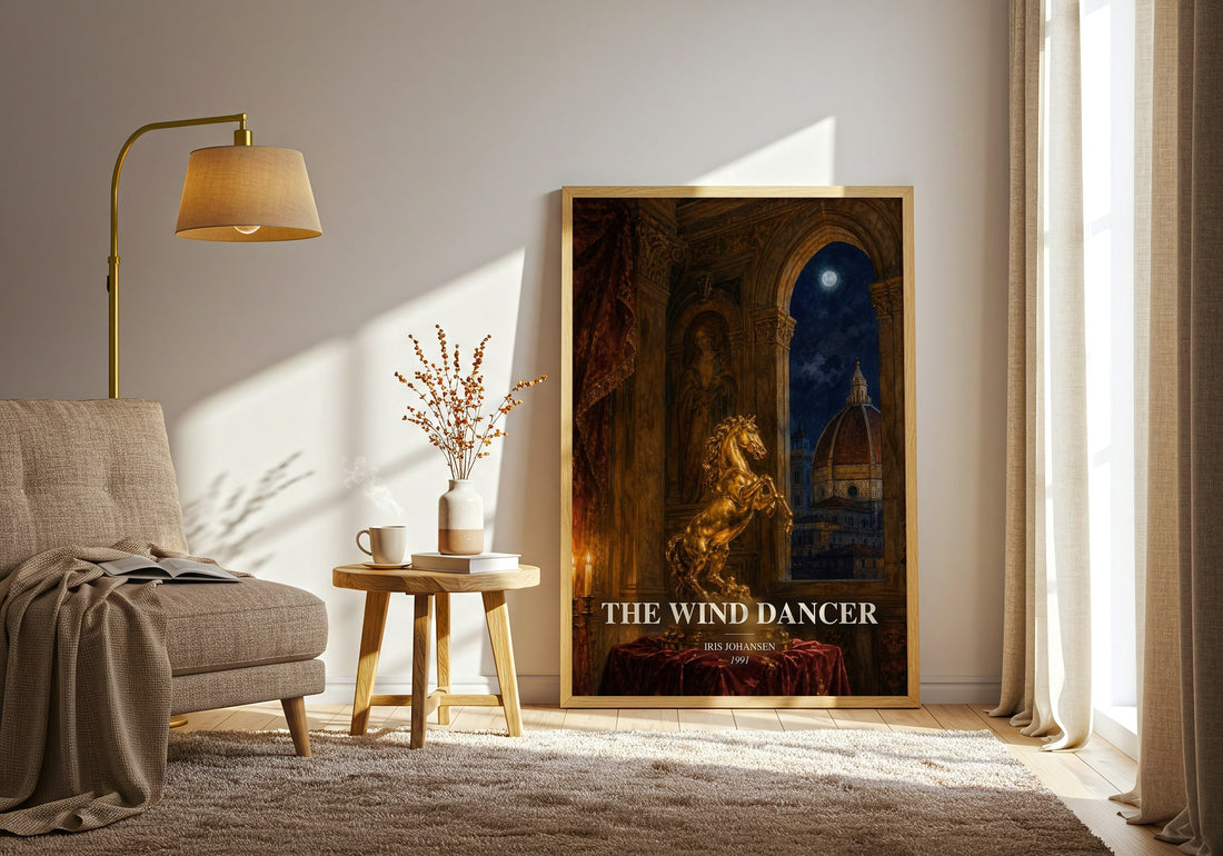 The Wind Dancer watercolour print in frame leaning in hallway – romance wall art (mockup)