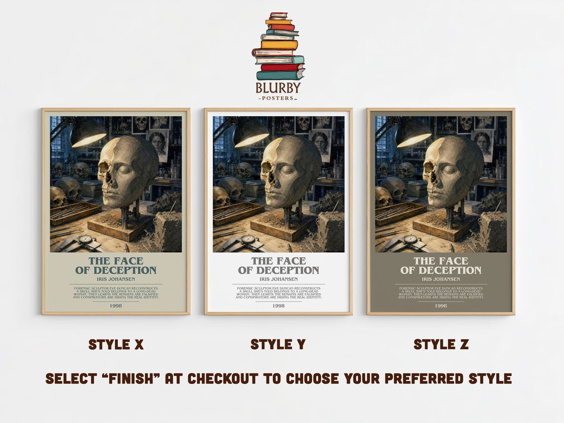 The Face of Deception bookish print in frame leaning in hallway – thriller wall art (mockup)