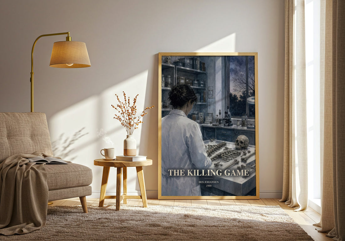 The Killing Game watercolour print in frame leaning in hallway – thriller wall art (mockup)