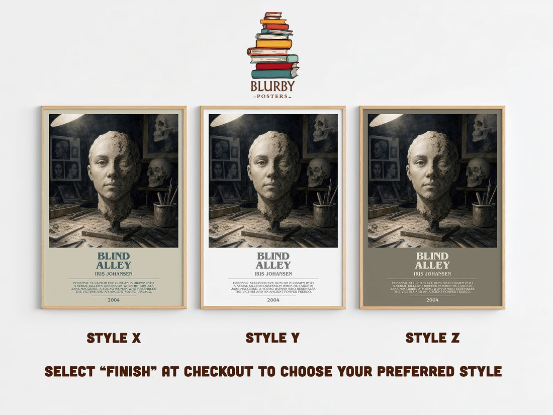 Blind Alley bookish print in frame leaning in hallway – thriller wall art (mockup)