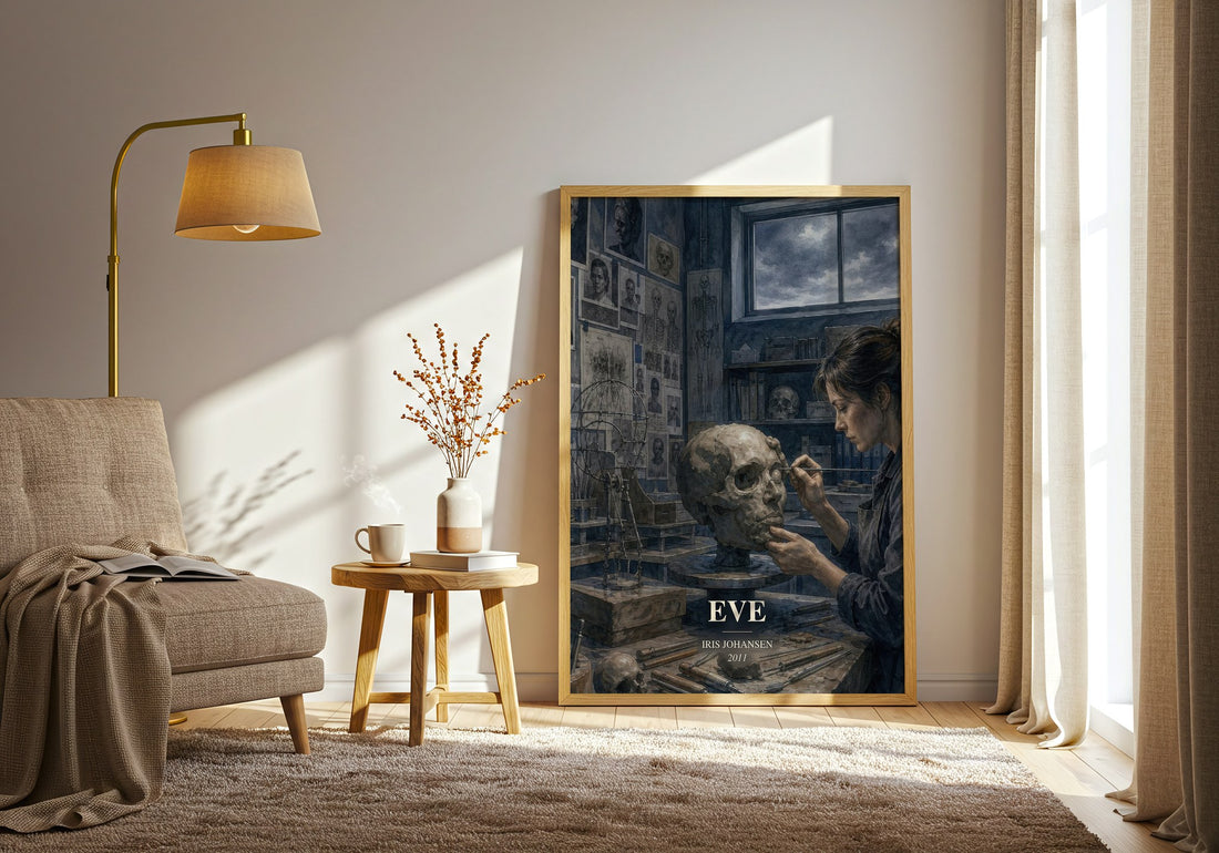 Eve watercolour print in frame leaning in hallway – thriller wall art (mockup)