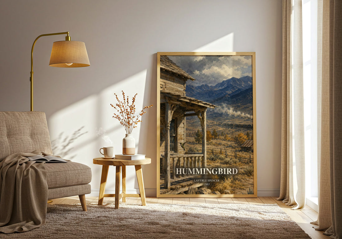 Hummingbird watercolour print in frame leaning in hallway – romance wall art (mockup)
